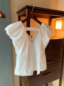 Fancy Exquisite Flying Sleeves White Shirt Womens Summer Niche Style Cut Out Stylish Loose Figure Flattering V-neck Tops