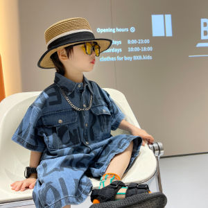 Boys Summer Denim Set Thin Short Sleeve Shirt Two-Piece Cool Trendy Clothes Casual Cotton Blend Comfortable Breathable Kids Outfit