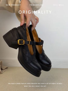 ของแท้ หนัง Mary Janes สีดำ หัวมน สไตล์ฝรั่งเศส รองเท้าส้นสูง ทันสมัย ผู้หญิง รองเท้าแบบสวมสบาย ลำลอง รองเท้า