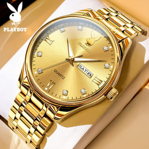 PLAYBOY  Watch Men 100%Original Waterproof Luminous Dual Calendar Diamond Dial Fashion Simple Stainless Steel Quartz Jam Tanggan Lelaki