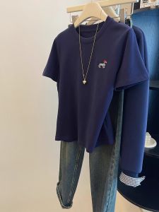 Áo Thun Cotton in Họa Tiết Màu Xanh Lam Ngắn Tay Dáng Rộng Cho Nữ Mùa Hè 2025 Phong Cách Hàn Quốc Cổ Tròn Thường Ngày