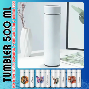 Tumbler LED Stainless Steel 500ml Custom Nama Logo | Termos Sultan Hadiah Premium | Hampers | Persoanalized Gift\\n\\nTumbler LED 500ml – 10 Desain Wajah Wanita & Hewan Spirit | Custom Nama Hadiah Estetik & Berkarakter\\n\\n Desain Artistik & Bermakna\\n\\nPerpaduan wajah wanita dan hewan spirit yang penuh simbolisme membuat tumbler LED stainless steel 500ml ini menjadi hadiah yang unik dan berkesan. Dengan desain artistik yang estetik dan berkarakter, tumbler ini akan menjadi pilihan hadiah yang sempurna untuk berbagai acara, seperti ulang tahun, wisuda, dan souvenir komunitas.\\n\\n Personalisasi Nama\\n\\nTumbler LED stainless steel 500ml ini bisa di-custom dengan nama Anda atau orang yang spesial untuk memberikan sentuhan unik dan spesial pada hadiah ini. Dengan personalisasi nama, tumbler ini akan menjadi hadiah yang lebih berkesan dan menghargai.\\n\\n Teknologi LED Display & Fungsi Lainnya\\n\\nSentuh tutup untuk melihat suhu minuman secara instan dengan teknologi LED display yang canggih. Tumbler ini juga dilengkapi dengan daya tahan suhu optimal, menjaga panas hingga 12 jam dan dingin hingga 24 jam. Selain itu, tumbler ini juga dilengkapi dengan saringan teh yang praktis untuk menikmati teh tanpa ampas.\\n\\n Material Premium & Ramah Lingkungan\\n\\nTumbler LED stainless steel 500ml ini terbuat dari bahan 304 stainless steel food-grade, BPA-free, non-toxic, dan ramah lingkungan. Keamanan terjamin dengan food-grade, FDA approved, dan aman untuk semuanya.\\n\\n Ringan & Mudah Dibawa\\n\\nTumbler LED stainless steel 500ml ini ringan dan mudah dibawa, cocok untuk aktivitas sehari-hari seperti kerja, kuliah, olahraga, dan traveling. Tutup anti tumpah dengan seal silikon yang nyaman digunakan dan mencegah kebocoran.\\n\\n Pilihan Hadiah Berkelas\\n\\nIdeal untuk ulang tahun, wisuda, souvenir komunitas, atau hadiah spesial untuk sahabat dan pasangan, tumbler LED stainless steel 500ml ini menjadi pilihan hadiah yang berkelas dan berkesan.\\n\\n Keywords\\n\\n- Tumbler Desain Wajah Wanita & Hewan\\n- Tumbler Berkarakter Estetik\\n- Hampers Personalized Gift\\n- Termos Custom Nama Logo\\n- Tumbler LED Stainless Steel 500ml\\n\\nJadi, tunggu apa lagi? Pesan sekarang juga tumbler LED stainless steel 500ml ini dan buat momen spesial Anda semakin berkesan!\"