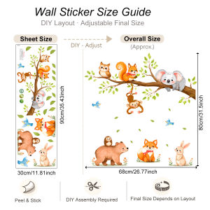 Woodland Animals Tree Branch Wall Stickers for Kids Rooms Cute Koala Bear Fox Decals Baby Nursery Bedroom Playroom Wall Decor