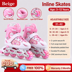 Beige Roller Skate Shoes for Kids Adjustable Quad Skates Roller Blades Skate Shoes for Girls Boys