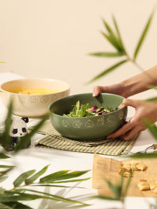 Blue Lotus Panda Underglaze Tableware 8-Inch Big Soup Bowl Ceramic Household Large Bowl Noodle Bowl Cute Retro Microwaveable