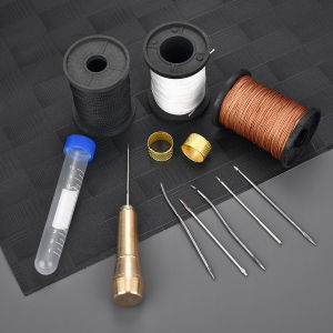 Leather Sewing Kit DIY Leather Sewing Awl Needle with Copper Handle Set Leather Canvas Tent Shoes Repairing Tool 3 Color Thread