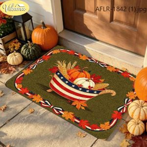 VIKAMA Fall Pumpkins Doormat Corn Stalks Blue Orange Squash Navy Orange Plaid Autumn Entryway Rug Front Porch Decor