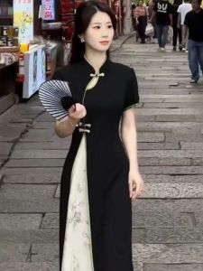 Elegant Patchwork Cheongsam Dress Womens Summer New Chinese Style Reformed Retro National Trend Beautiful Skirt Fashionable