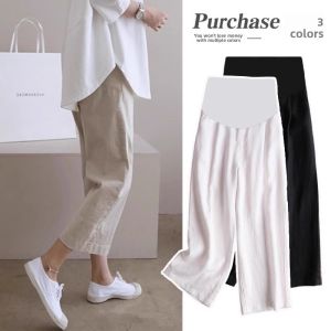 Maternity Pants Thin Cotton Linen Casual Pants Spring Autumn Wear for Pregnant Women Comfortable Soft Length Seven Inches