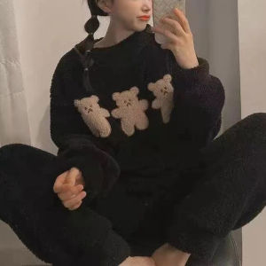 2 Bộ Đồ Ngủ Nữ Mùa Đông Bộ Tay Dài Đệm Dày Ấm Áp Quần Dài Đến Mắt Cá Chân Cổ Tròn Hình Gấu Dễ Thương In Hình Hoạt Hình Homewear