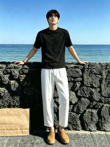 OUMULONG | Summer Thin Mens Capri Pants Linen Cool and Breathable Straight Fit