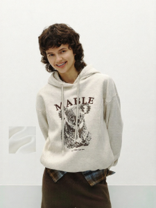 Semir | Áo hoodie nữ lót fleece form rộng có dây rút in họa tiết Thu Đông