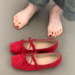 Elevated Mary Jane Single Shoes for Women with Butterfly Knot Red Ballet Flats Korean Style Ultrafine Fiber Lined Slip-On Shoes