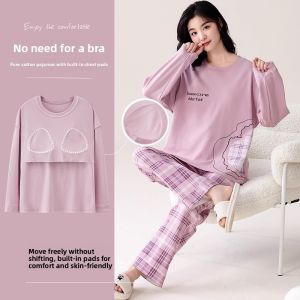 Miiow | Pure Cotton Sleepwear Set with Built-in Padded Bra Long Sleeves