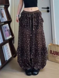 LIRUSHAN | Small Size Khaki Flower Print Loose Summer Pants