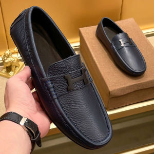 Casual Leather Bean Shoes Mens Slip-On British Style Flat Heel round Toe Rubber Outsole Lightweight Summer Fashion Loafers