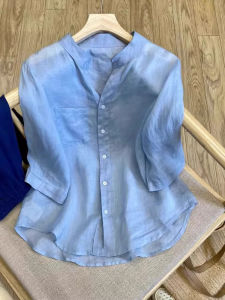 Áo sơ mi PAIBOLI cho nữ làm bằng vải lanh tay ngắn màu xanh dáng rộng thoải mái