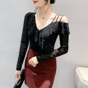 REHIN Autumn New Hollow Out Mesh Rhinestone Embellished Long Sleeve T-shirt Printed Mesh Solid Color Trendy Womens Top