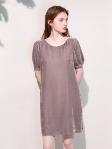 Miccbeirn | Elegant Velvet Glossy Silk Dress French Vintage Bubble Sleeve Mini Dress Gentle Straight Skirt Summer Short Sleeve Round Neck
