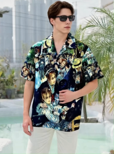 Kemeja Longgar Lengan Pendek Pria Hijau Kemeja Pesta Pantai Kasual