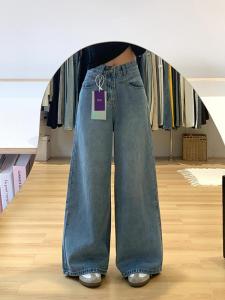 กางเกงยีนส์ทรงตรงสีน้ำเงินเข้าตาข่ายเอวสูงสำหรับผู้หญิง กางเกงขายาวทรงหลวม ฤดูร้อน 2025 กางเกงยีนส์ทรงตรงทรงยาวสำหรับผู้หญิง