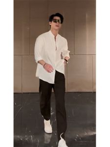 New Chinese Style Long Sleeve Stand Collar Mens Shirt Trendy High-End British Preppy White Male Blouse Business Gentleman