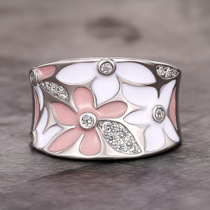 Huitan Aesthetic Enamel Flower Finger Ring for Women Wedding Party New 2023 Ring Silver Color Luxury Cubic Zirconia Jewelry Gift