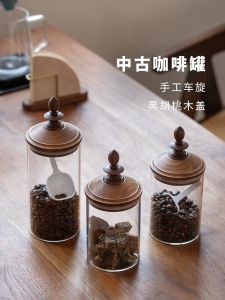 VANDROOP Original Design Japanese Style Coffee Bean Storage Jar Black Walnut Wood Lid Glass Sealed Preservation Container