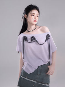 COTRE Dynamic Skin Exposure Short Sleeve Loose T-Shirt Butterfly Knot Side Shoulder Jasmine Yellow Summer Thin Fabric Ladies Top