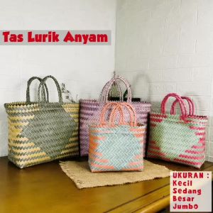 Tas Belanja Anyaman Lurik Tradisional Ukuran Besar Jumbo Sedang Tas Kerajinan Tangan Anyam Plastik Tradisional Shopping Tote Bag Hamper Tas Jinjing Sayur Belanjaan Premium