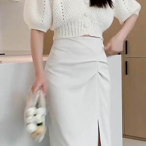 High Waist Slit Half-Body Skirt Elegant Ladies Fishtail Skirt Irregular Design Slit Mid-Iength Skirt