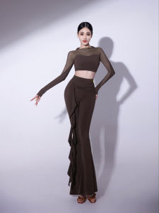Womens Latin Dance Modern Dance Practice Suit Standard Dance Clothing Set Long Sleeve Fitness Yoga Sportswear for Adults