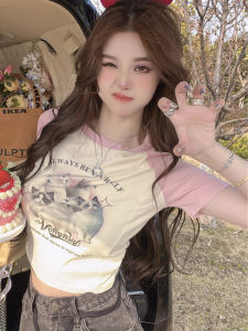 American Style Shoulder Insert Short Sleeve T-Shirt Womens Color Block Short Pure Cotton Print Summer Top Sweet And Spicy Belly Show Vintage