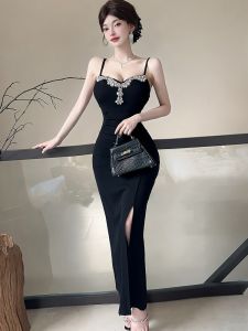 Elegant French Style Diamond Embedded Strapless Evening Dress for Women High Slit Long Skirt Formal Occasion Beautiful Unique