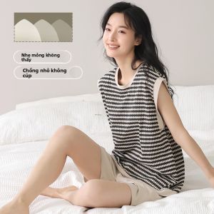 MiiOW | Bộ đồ ngủ cotton nguyên chất không tay quần short rộng rãi mùa hè mới có đệm ngực mặc ngoài trời thoải mái cho nữ