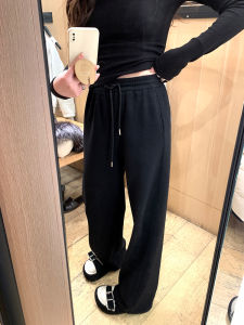 Black Fleece Lined Wide Leg Straight Cut Thickened Casual Pants for Women Autumn Winter New Style Loose Sports Sweatpants
