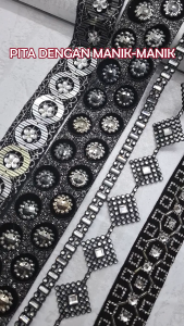 (Per Meter) SR110 Pita Renda dengan manik-manik kristal imitasi