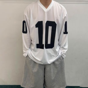 DAVID&ME | White V-neck Long-sleeve Oversized Breathable Basketball Top