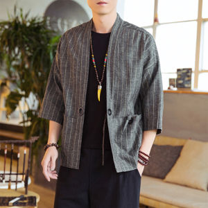 Mens Seven-Quarter Sleeve Striped Linen Thin Homewear Cardigan with Belt Chinese Style Coat Hanfu Casual Summer Outerwear