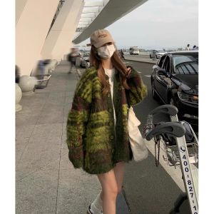 American Retro Green Sweater Jacket Womens Autumn Winter Medium Length Loose Lazy Style High Design Knitted Open Cardigan