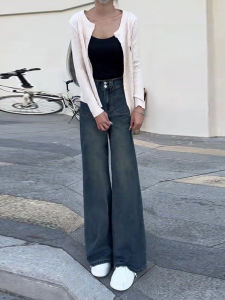 ขาตรงสีน้ําเงินเรโทร เดนิม กางเกงยีนส์ ผู้หญิง ฤดูใบไม้ผลิ ฤดูใบไม้ร่วง ทรงลูกแพร์อเมริกัน ดีไซน์ สูง เอว หลวม ความยาวพื้นขากว้าง กางเกง