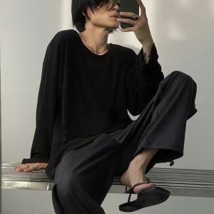 Internet Celebrity Very Fairy Blouse Mens Cut Out Knitting Wool Feel Long Sleeves T-Shirt Loose Shoulder Low Collar Sun Protection Clothing Fashion