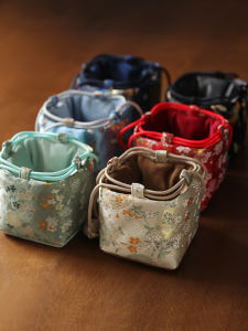 Thickened Silk Travel Bag Tea Cup Storage Pouch Woven Velvet Medium Sized Cloth Bag Six Colors Available Traditional Chinese Style
