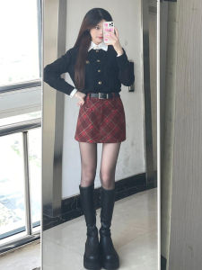 Red Plaid Woolen Mini Skirt Womens A-Line Wrap Body Retro Short Skirts Commute Korean Style High Waist Short Skirts