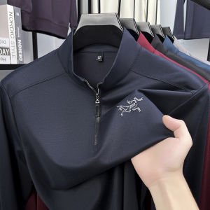High End Quality Mens Semi High Neck Zipper T-shirt Simple Solid Color Letter Print Long Sleeve Autumn Versatile Trend Menswear