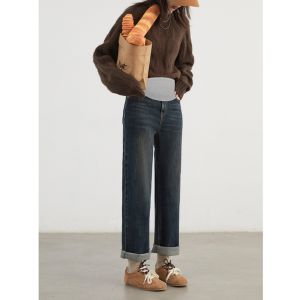 Quần Jeans Ống Thẳng Lót Lông Cừu Dày Ấm Áo Dáng Rộng Cho Mùa Thu Đông Quần Jeans Cho Phụ Nữ Đang Sáng Tạo Thời Trang Thường Ngày