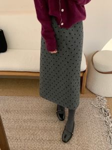 Korean Style Gray Polka Dot Woolen Skirt Womens Fall and Winter Pear Shapes Straight Skirt Back Slit Mid Length Long Length A- line Skirt