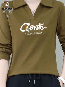 Woodpecker Long Sleeves T-shirt Womens Pure Cotton Ins Trendy Spring & Fall 2024 Fashion All-Match Lapel Silm Pullover Bottoming Shirt