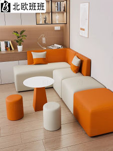 Nordic Style Leather Sofa for Meeting Guests Casual Corner Seat against Wall Small Living Room Size Comfortable Couch