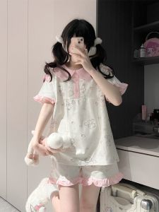 Original Hellokitty ฤดูร้อน ใหม่ หวาน ผ้าฝ้าย การ์ตูน เสื้อผ้าบ้านแขนสั้นชุดนอนเยาวชนสบาย ระบายอากาศได้ดี ผ้าฝ้าย บริการบ้าน